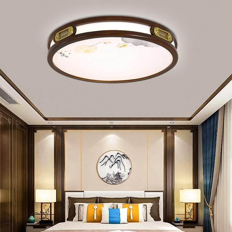 新中式1米大圆形客厅吸顶灯中国风卧室LED灯简约房间实木中山灯具