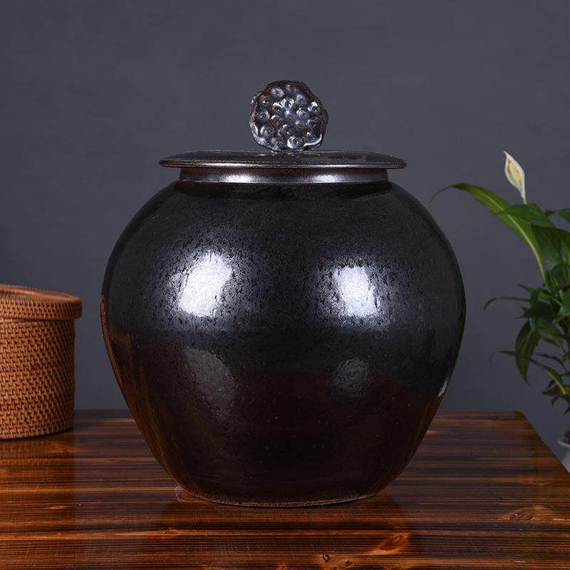 现代手工创意窑变花釉带盖圆形罐子 家用储物缸防潮防虫米缸