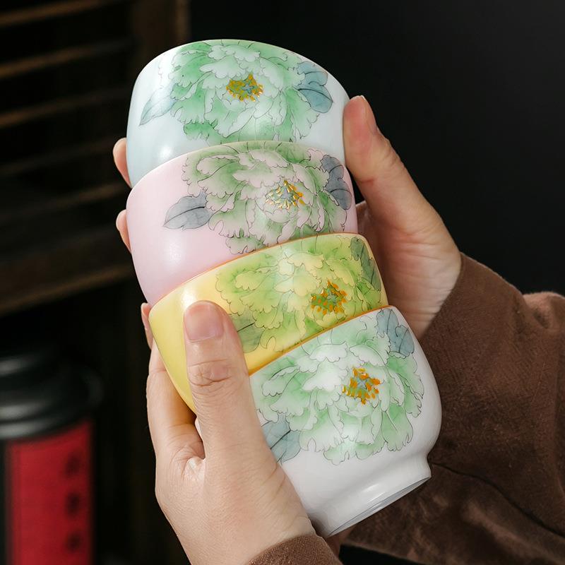 李斌纯手工汝窑开片陶瓷手绘牡丹花茶杯主人品茗杯绿茶白茶聚香杯