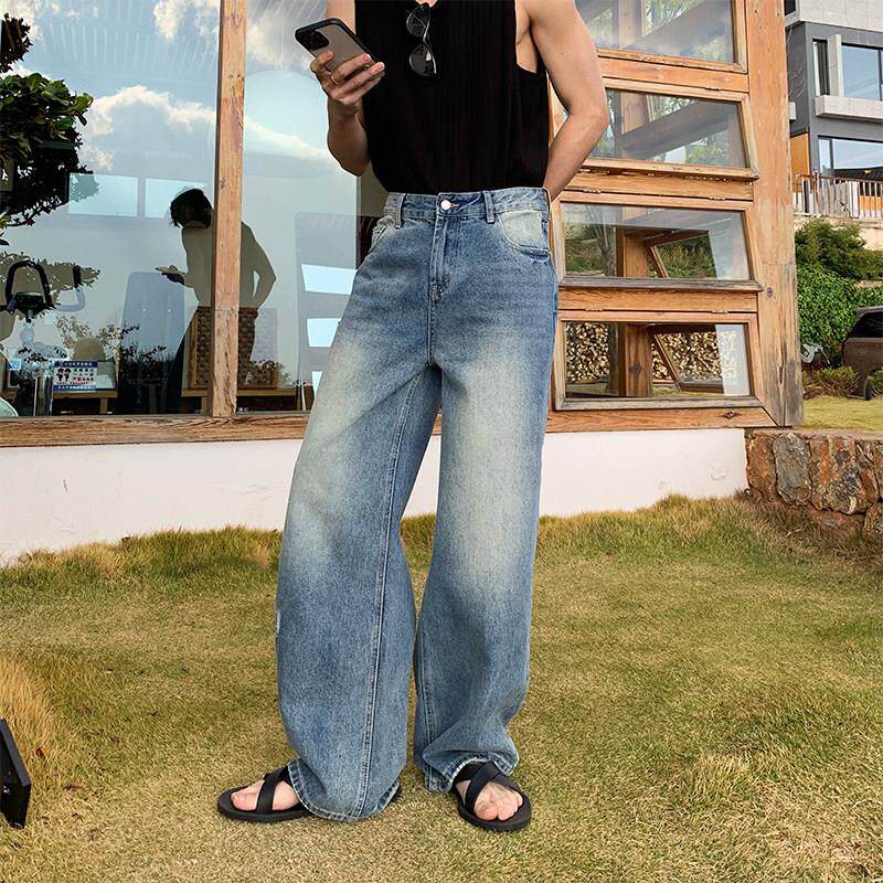 Hualun夏季蓝色牛仔裤男2025新款潮牌痞帅宽松裤子韩版直筒阔腿裤