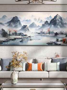 网红鸿运头山水画办画公室当挂画风景沙发背饰景墙水装墨画客厅画