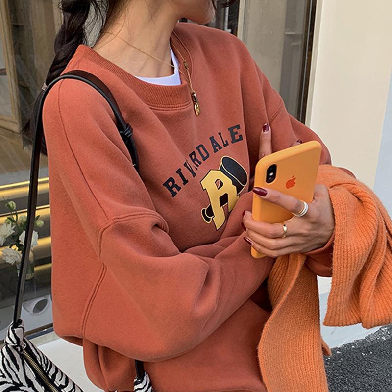 简遇luck品质女装加绒宽松休闲卫衣女秋冬外套古着圆领长袖打底衫