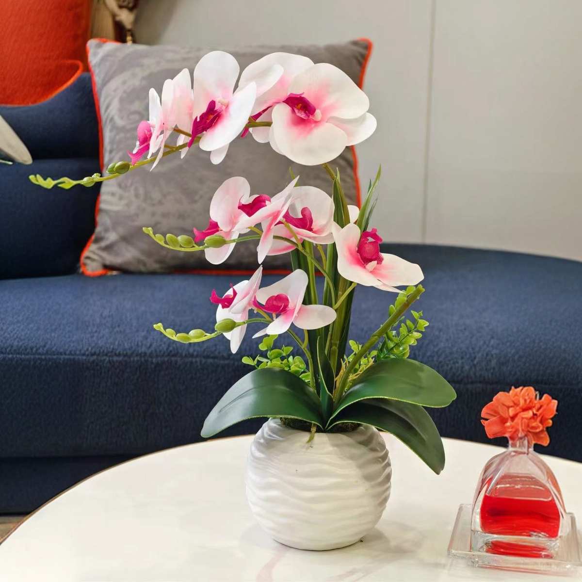 仿真蝴蝶兰白色螺纹盆摆设餐桌客厅盆栽装饰绿植装饰花中国风