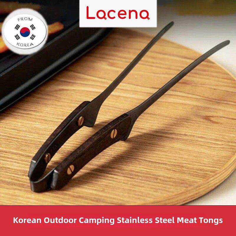 Lacena韩国户外露营不锈钢烤肉夹子防烫木柄牛排食品夹烧烤夹工具