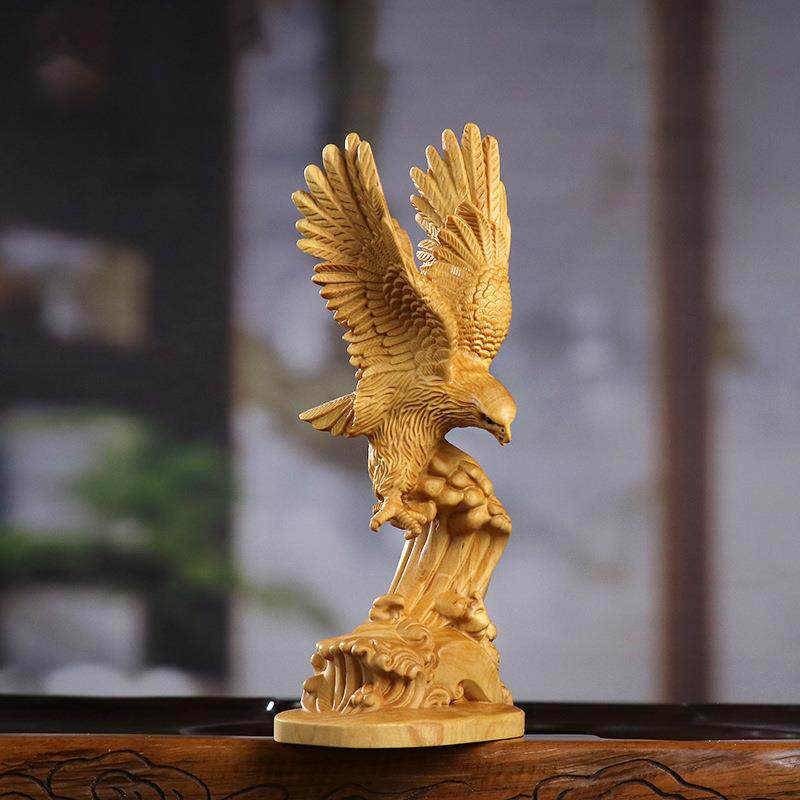 黄杨木雕大展宏图雄鹰展翅木质工艺品家居书房办公室桌面装饰摆件