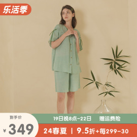 朵朵可可睡衣女2024春夏棉麻印花圆领对襟短裤短裤家居服套装