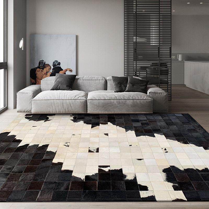 现代轻奢牛皮拼接地毯黑白客厅家用高级北欧简约茶几垫卧室床边毯