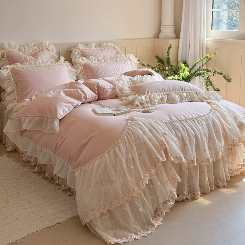 床粉色件套奢蕾丝花边风少女床单韩法式件套公主版四轻盖高档四心