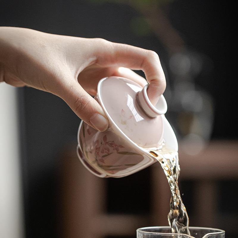 弥言白瓷手绘兰花盖碗茶杯套装纯手工薄胎陶瓷大号功夫泡茶碗单个