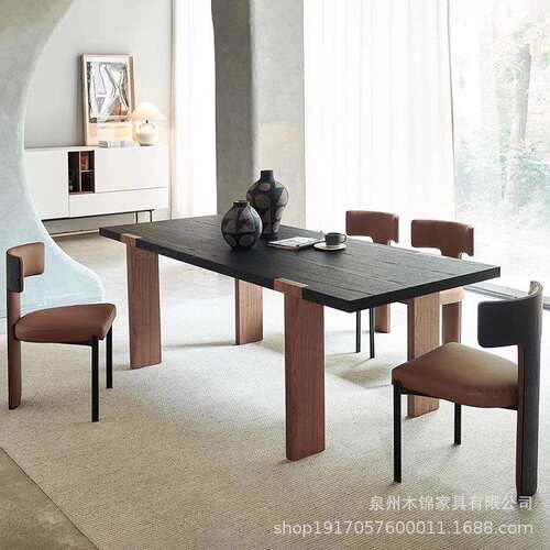中古风全实木餐桌椅组合家用小户型饭桌现代简约长方形餐书桌一体