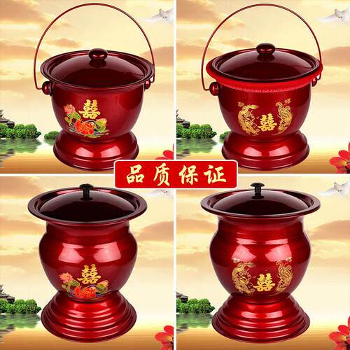 婚庆用品铁痰盂子孙桶红色高脚痰盂红色搪瓷带盖子夜壶尿壶结婚陪