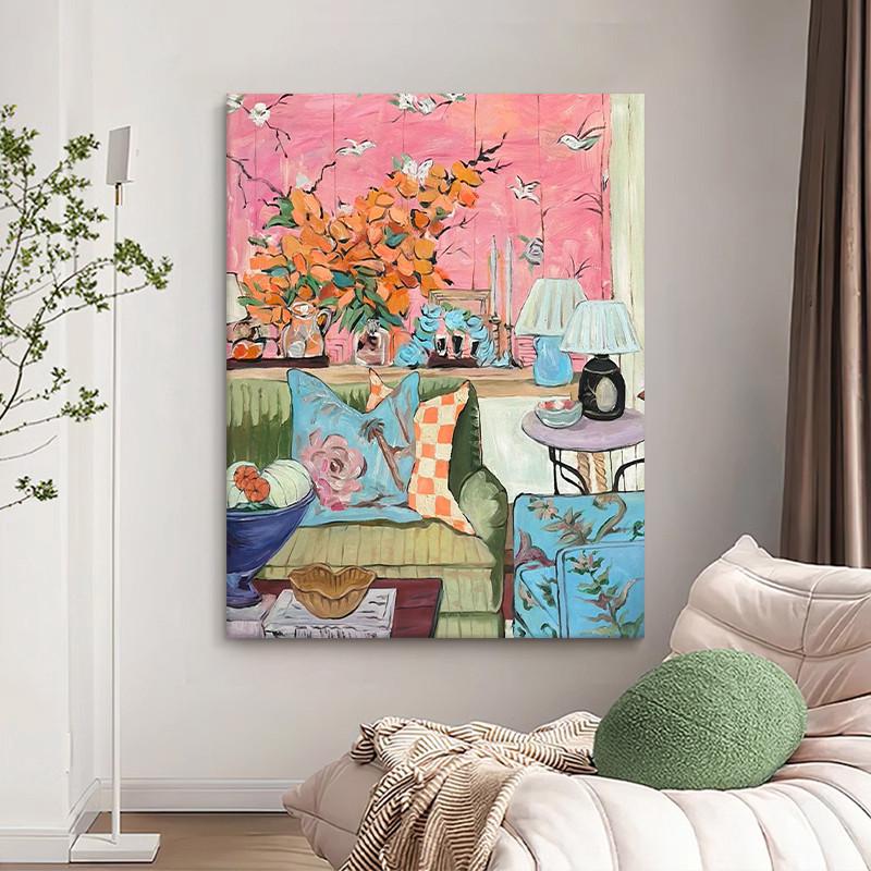 马蒂斯古风卧室手绘油画客厅小众艺术装饰挂画玄关粉Q色丙烯肌理图片