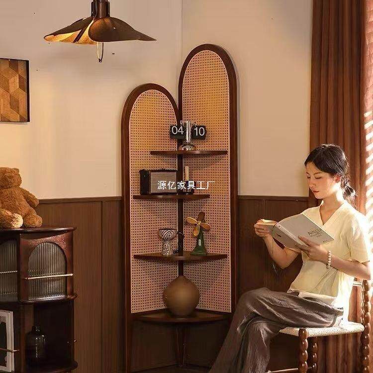 实木柜109室客角厅复古沙发墙边藤编置物架子中古卧拐角三角收柜
