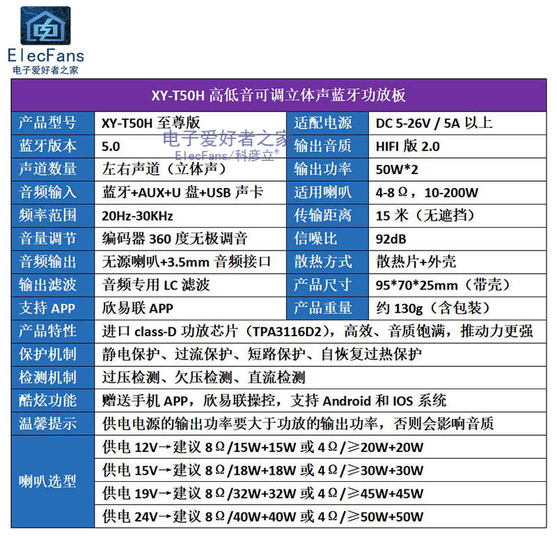 蓝牙数字功放板模块XY-T50H 2路*50W双声道 带前级高低音喇叭调节