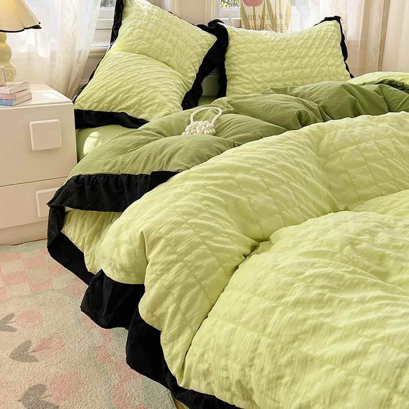 韩式公主风床裙款四件套泡泡纱床上用品床单三件套黑色花边被套