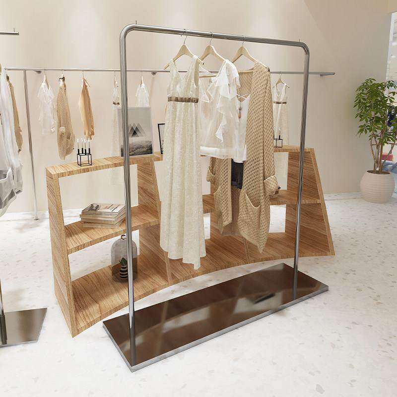 服装店展示架陈列架落地式女装货架侧挂衣架不锈钢高档中岛挂衣杆