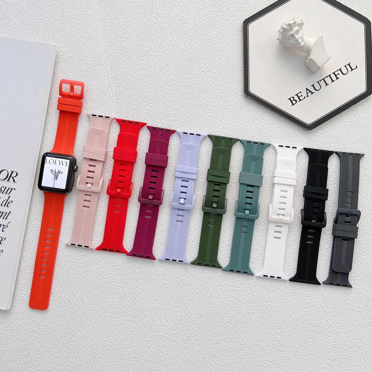 适用iwatch7代硅胶表带苹果SE3456代 螺纹条纹同色扣 盒子包装