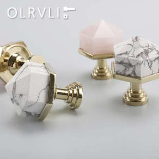olrvli天然粉色水晶小拉手黃銅金色輕奢大理石抽屜把手衣柜門北