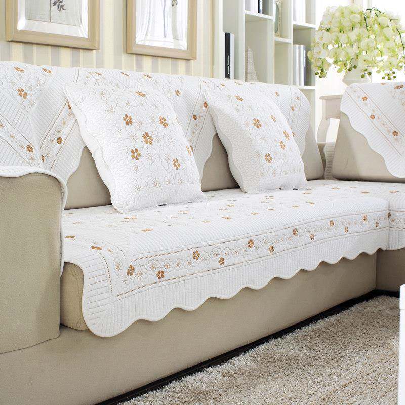 全季节纯棉-白色沙发垫冬季纯棉面料垫简单现代沙发毛巾套全套