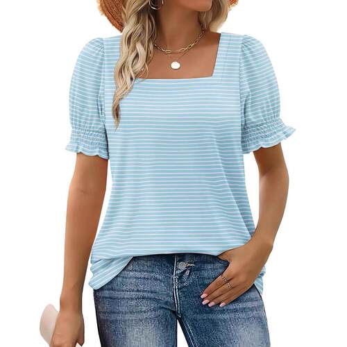 Tops Women Summer Casual Ruffle Trim Sleeve Square Neck