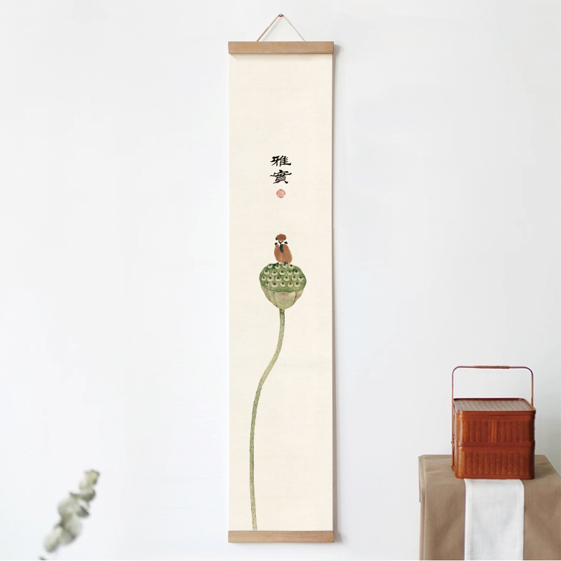 新中式背景墙禅意荷花装饰画卷轴画雅实莲蓬花鸟茶室竖长挂轴画图片
