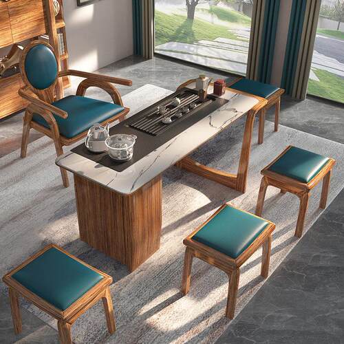 新中式乌金木功夫茶桌家用茶具套组一体式现代岩板小泡茶台椅组合