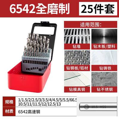 天工M2直柄麻花钻套装全磨制19件套25打孔钢铁件不锈钢钻头手电钻