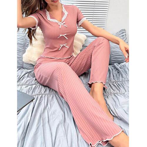 Home collar lace sleepwear, women's long sleeved pants,