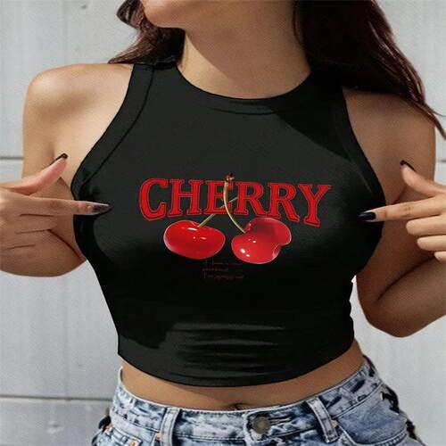 Women's Cherry & Letter Print Round Neck Tank Top