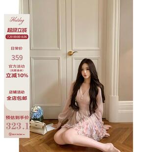 Hotdog 热狗很辣【 花落梦夕】收腰显瘦V领木耳边繁花长袖洋装
