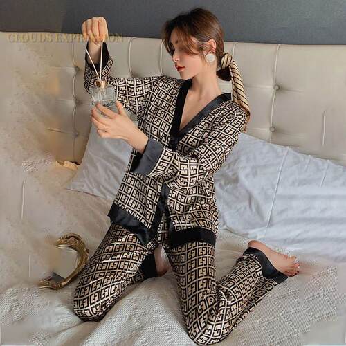 Spring Summer Ladies Faux Silk Polyester Pajama Sets Sexy Ho