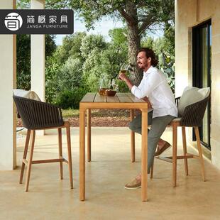 户外阳台实木吧台桌椅庭院别墅藤高脚椅酒店露天餐厅柚木吧台桌椅