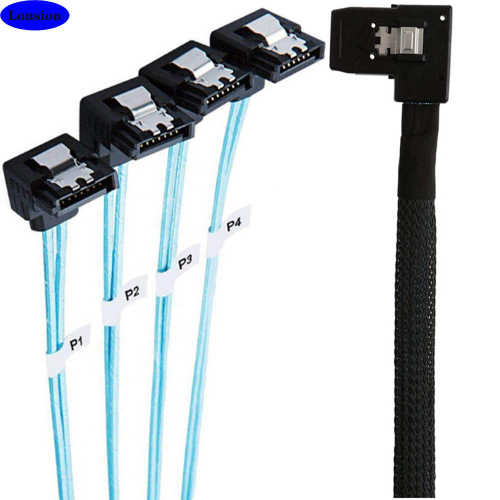MINI SAS 8087左弯转4X SATA 7P母90度服务器机内高速连接线束
