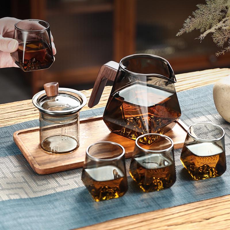 观山四方壶玻璃泡茶壶侧把木把茶具高硼硅玻璃煮茶壶玻璃花茶泡茶
