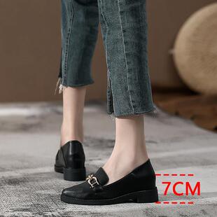 香港尖头单鞋女内增高2025春季新款乐福鞋厚底真皮英伦风小皮鞋女