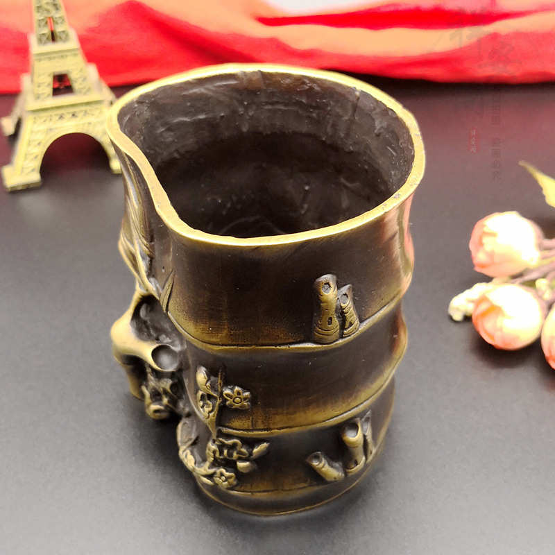 竹节笔筒摆件黄铜复古工艺书法笔筒文房用品办公工艺用品