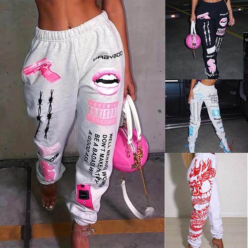 Letter Print Pants Stretch Waist Casual Comfy Trousers Women