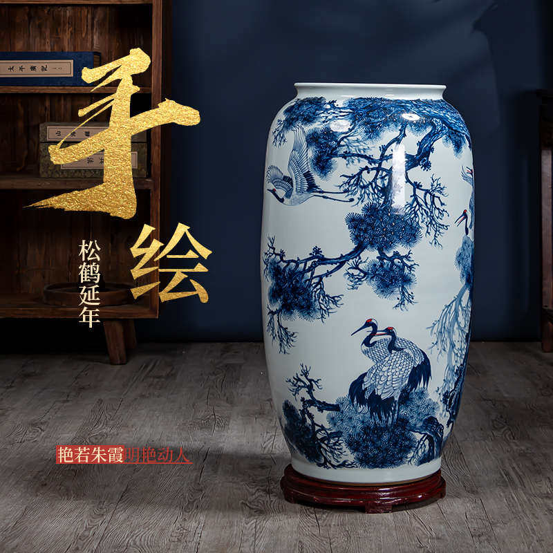手绘松鹤大号花瓶景德镇陶瓷客厅插花装饰书房落地书画缸摆件镶嵌