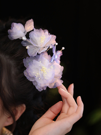 森系仙美手工真丝烫花牡丹，芍药汉服后压头饰，唐风大花朵紫色发夹