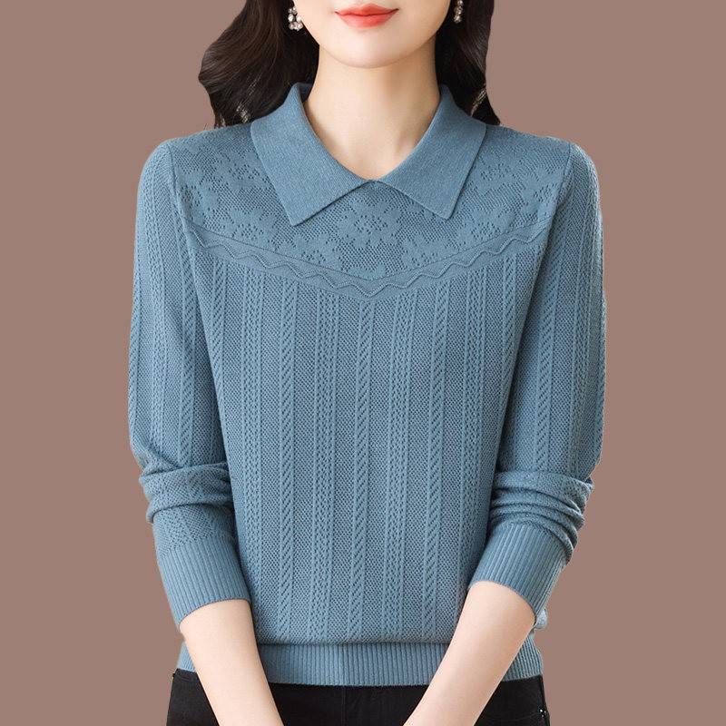 翻领桑蚕丝长袖T恤女春秋新款宽松打底上衣洋派妈妈针织薄款小衫