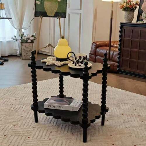 法式复古实木茶几客厅沙发卧室中古床头阳台小桌子黑色置物架角几