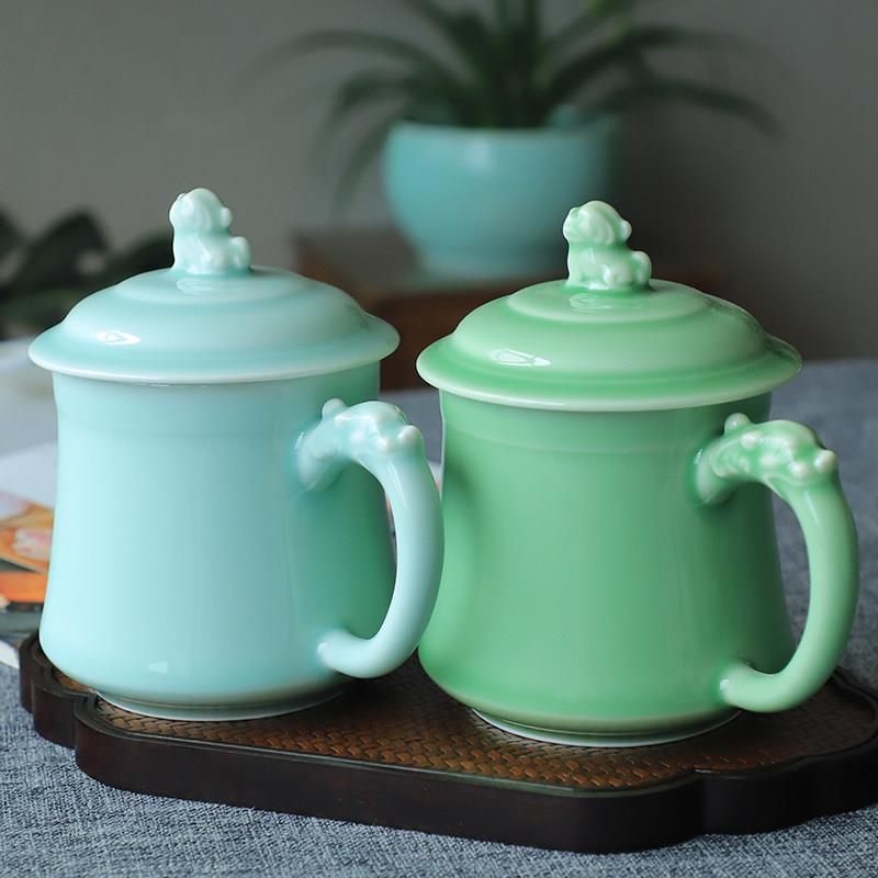 龙泉青瓷茶杯陶瓷杯子家用带盖子茶杯办公杯貔貅杯会议室泡茶杯水