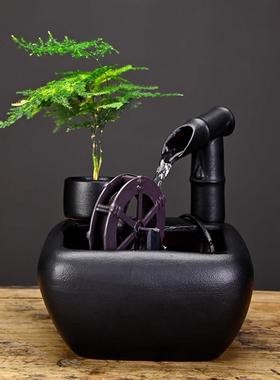 小水车风水轮摆件循环水鱼缸竹子陶瓷流水器玄关办公桌招财装饰品