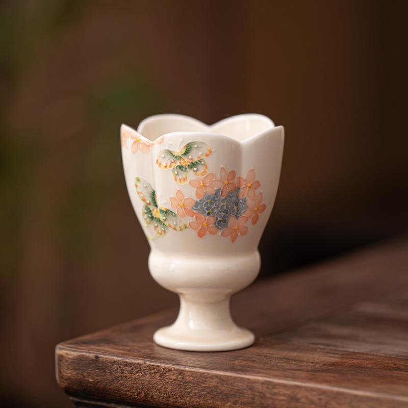 手绘花团锦簇高足茶杯个人专用高档主人杯单杯喝茶杯品茗单杯茶具
