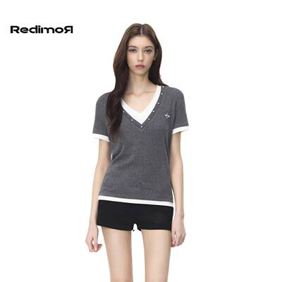 REDIMOR撞色双层V领短袖正肩显瘦T恤2026夏新款上衣女261RC1019