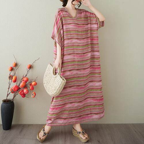 Knee length extra large V-neck striped long dress, flesh