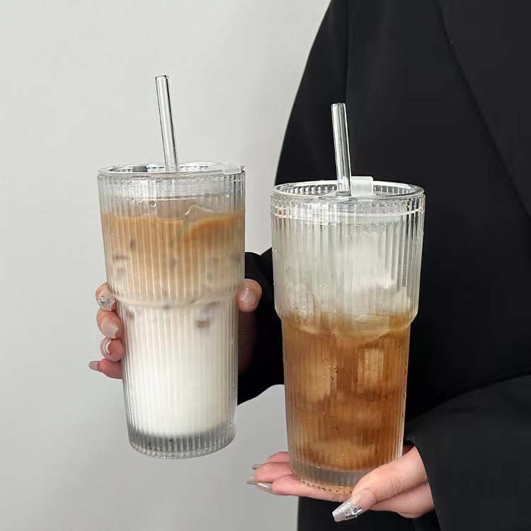 竖纹透明玻璃带盖吸管杯办公室大容量水杯女果汁杯咖啡杯茶杯
