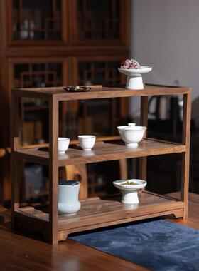 新中式实木桌面瓷器架双层置物架黑胡桃木茶室装饰茶家具收纳架