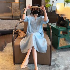 欧洲站休闲洋气国风重工刺绣连衣裙女2026年夏季新款苎麻显瘦长裙