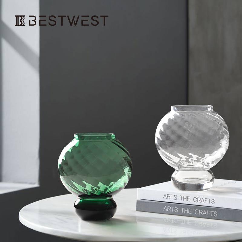Best west 绿色高脚扭楞葫芦形玻璃花瓶摆件家居软装装饰品花器